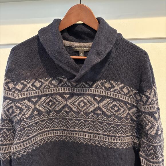 Banana Republic Sweater Men Medium Navy Fair Isle Shawl Collar Wool Blend Knit - Picture 3 of 9